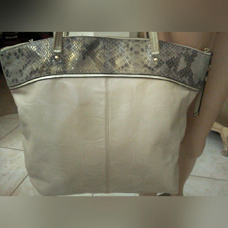 Vintage Coach Leather & Snake Skin Bag Inner Pink Cream Gold Brown Large Beauty